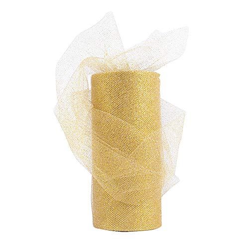 Rollo 22,5 metro Cinta Tela Tul Tulle Dorado con Purpurina Ancho 15cm Decoración Hogar Boda Navidad Novia Fiesta Manualidades DIY Envolver Regalos Tutú Falda