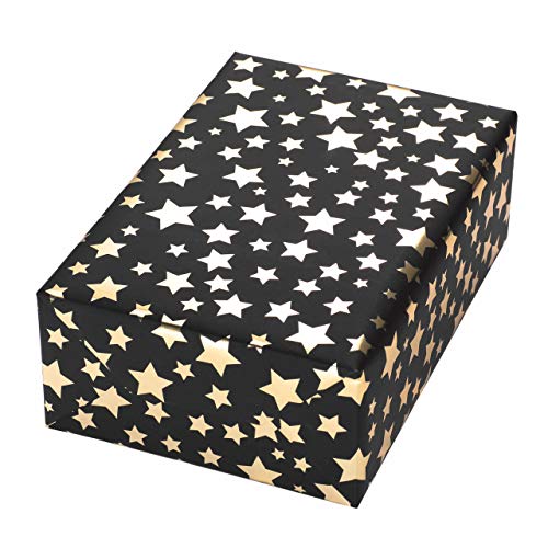 Rollo de papel de regalo 50 cm x 50 m, diseño de diadema, color negro, diseño de estrellas sobre papel metálico dorado con fondo negro. Para cumpleaños, Navidad.