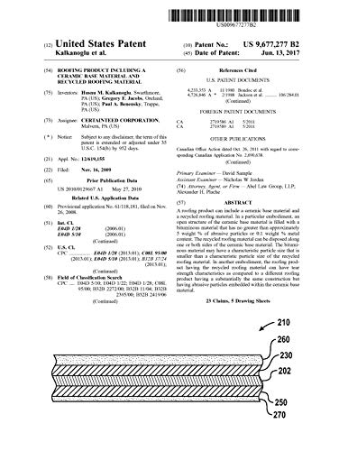 Roofing product including a ceramic base material and recycled roofing material: United States Patent 9677277 (English Edition)