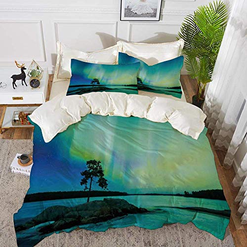 ropa de cama - Juego de funda nórdica, auroras boreales, árbol individual sobre piedra rocosa de River Borealis Earth Beauty Image, verde azulado, juego de funda nórdica de microfibra hipoalergénica c