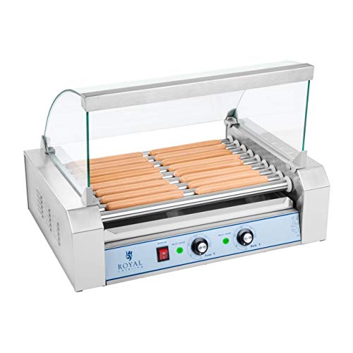 Royal Catering Máquina Asador de perritos calientes RCHG-9E (9 Rodillos, 16 Salchichas, 1800 W, 230 V, 2 Zonas calentadoras individuales, 58,8 x 40,5 x 41 cm, Acero inox)