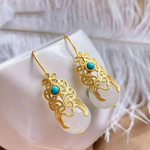 SALAN Nueva Plata Incrustada Natural Hotan Jade Turquesa Pendientes De Gota China Clásico Estilo Nacional Elegante Marca De Mujer Joyería