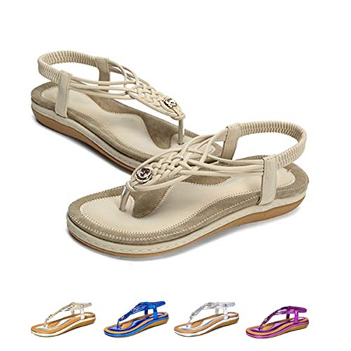 Sandalias Planas para Mujer, Camfosy Tacones Planos para el Verano Chancletas Filtrando el Empeine Nude Piernas Suela Comepnsés Cómodo Estilo Trenzado Adecuado para Piscinas Azul Beige