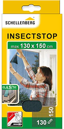 Schellenberg 51009 Mosquitera de protección elástico para ventanas, lavable, Montaje rápido y sencillo desde el interior, sin taladros, Incluye banda de fijación, Antracita, max. 130 x 150 cm