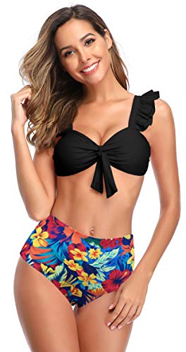 SHEKINI Mujer Bikini Dividido Traje de Baño de Dos Piezas Estampado de Cintura Alta Bañador (M, Negro)