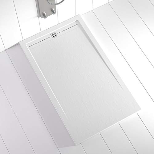 Shower Online Plato de ducha Resina FLOW - 80x160 - Textura Pizarra - Antideslizante - Todas las medidas disponibles - Incluye Rejilla Color Blanco y Sifón - Blanco RAL 9003