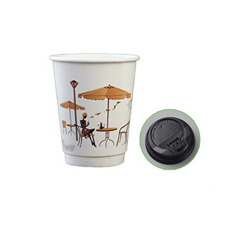 Shtsh Desechables de Papel Copas, Gruesos Hollow Copas, Doble Capa de Tazas de café, Tazas envasados ​​para Llevar, con Tapa, 8 onzas (con Tapa Negro) -50 Conjuntos