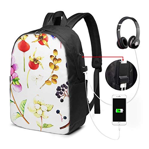 SNFDFS Mochila Bolsas con Puerto USB 15,6 Pulgadas, Moda Mochila De Viaje Camping Casual Mochila Ramas Hoja Bayas Invierno 7 Mochila Escolar Mochila