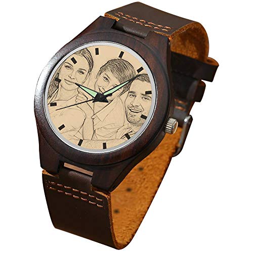 SOUFEEL Reloj Madera Personalizado Foto y Grabado Punteros Luminosos Cuarzo con Correa Cuero Regalo Personalizado para Familia Hombre Mujer Amigo Pareja