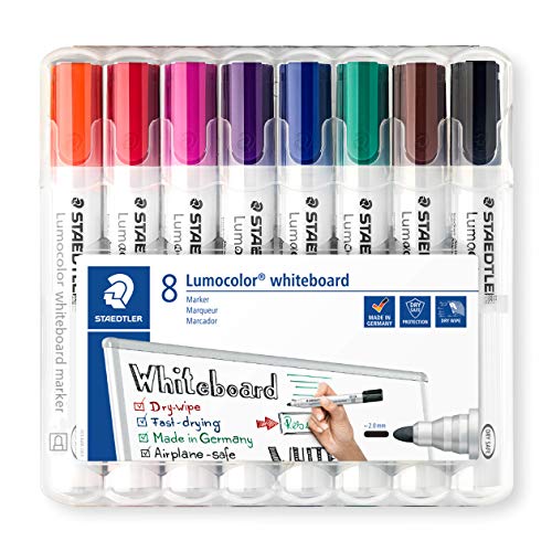 STAEDTLER 351WP8 Rotuladores para pizarra blanca Lumocolor, inodoro, secado rápido y recargable, paquete de 8 unidades, Multicolor