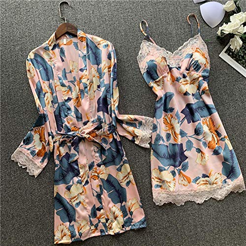 STJDM Bata de Noche,Mujeres 2 uds Ropa de Dormir de Encaje camisón Traje de satén Kimono Albornoz Vestido Estampado Flor Homewear Sexy camisón lencería íntima XL 2 uds