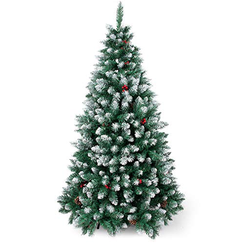 SunJas Árbol de Navidad Artificial Pino, Material PVC, Soporte Metal, 120/150/180/210cm Arbol Navideño Decoración con Blanco Nevado, Frutos Rojos, Piñas Verdaderas - 210cm, 1290puntas