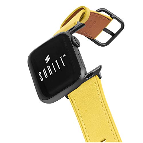 Suritt ® Correa para Apple Watch de Piel Rio (6 Colores Disponibles). 3 Colores de Hebilla y Adaptador para Elegir (Negro - Plata - Oro)(Series 6, SE, 5, 4, 3). (42mm / 44mm, Spring Yellow/Black)