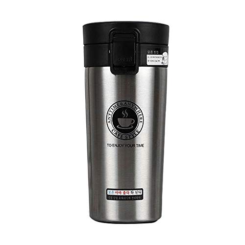 Tazas Térmicas Termo de Café para Llevar de Acero Inoxidable Vaso Termico Prueba de Fugas Taza de Café Térmica Taza de Automóvil de Doble Pared Sin BPA para Coche Oficina Viaje 380ML (Plata)