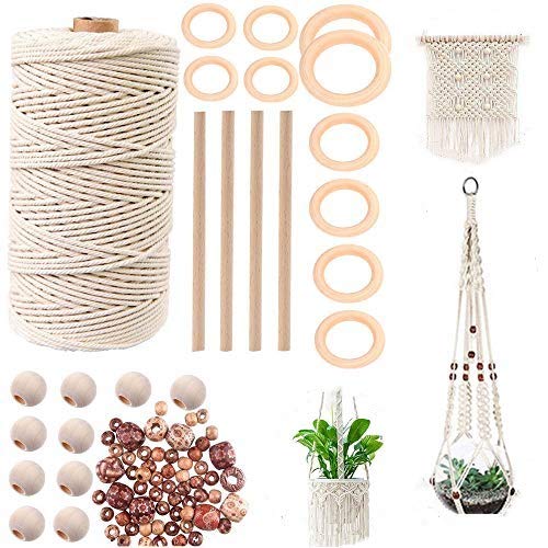 TOKERD 200m kit Cordel de Macramé con 3mm Cordón Algodón, Anillos Madera, Cuentas y Palos, Natural Mano Craft Cuerda Hilo Macramé para Manualidades Envolver Regalo Navidad Colgar Fotos Costura