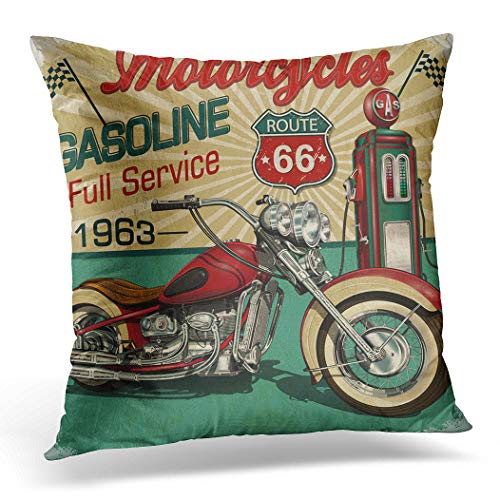 Topyee Funda de cojín retro vintage de la ruta de la gasolina 66 Classic Motocicletas Moto Biker 45 x 45 cm, decoración del hogar, funda de almohada cuadrada para sofá cama