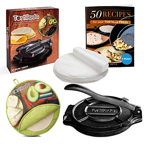 Tortillada - Prensa de tortilla de hierro fundido premium con libro electrónico de recetas (25 cm) + calentador de tortillas incl. 100 piezas de papel pergamino