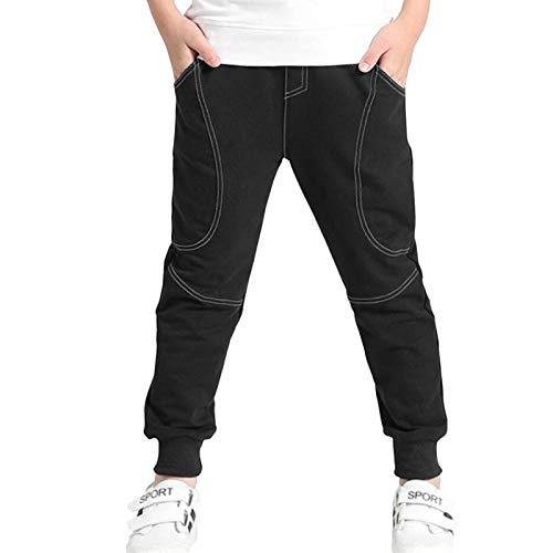 Ugitopi Pantalones de Jogging de Algodón para Niños Talla 4-12 años (Black,130)