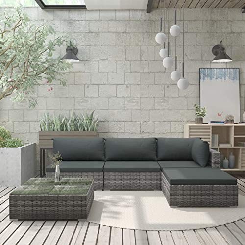 UnfadeMemory Set de Sofás de Jardín Exterior con Cojines,3 Sofás+Reposapiés+Mesa de Centro,Muebles de Jardín Terraza Balcón o Patio,Marco de Acero,Ratán Sintético,Gris