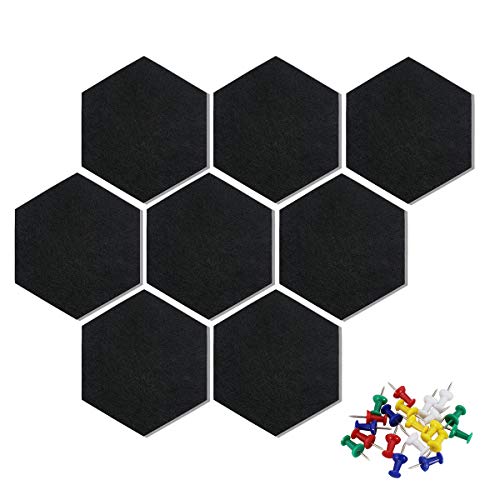 Uoisaiko Tablero de corcho hexagonal de fieltro con 20 pines, paquete de 8 pizarras de anuncios autoadhesivas para el hogar, oficina, cocina, tablón de corcho para fotos Memos, color negro