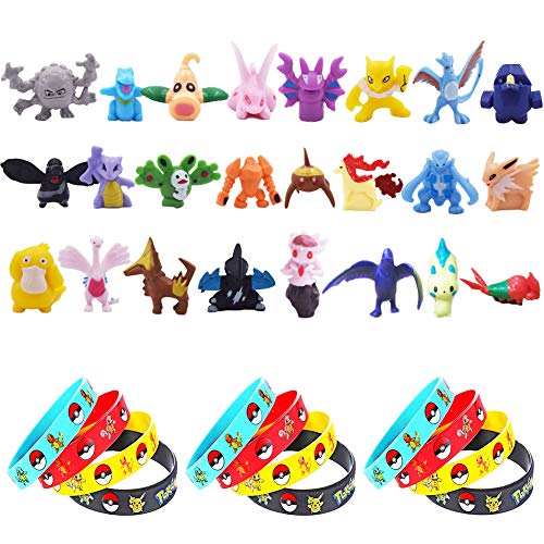 U/R 24 Piezas Pokemon Monster Mini Figure 2-3cm in Random+12 Piezas Pulsera de Silicona，Fiesta para niños y Adultos,Estilo Aleatorio, Puede Que no Sea Estilo de Imagen.