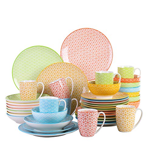 vancasso Vajillas de Porcelana Completas 40 Piezas con Dibujos 4 Diseños Conjunto de Cena de Vajilla Multicolor 13 oz Tazas, Servicio para 8 Personas