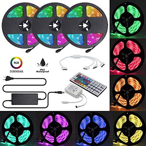 VAWAR 15m (3x 5m) tira de LED RGB, 5050 SMD 450 (3x 150) Led Strip, conjunto completo con telemandode 44 teclas y alimentador 12V, IP65 impermeable para el hogar, cocina, dormitorio, Navidad