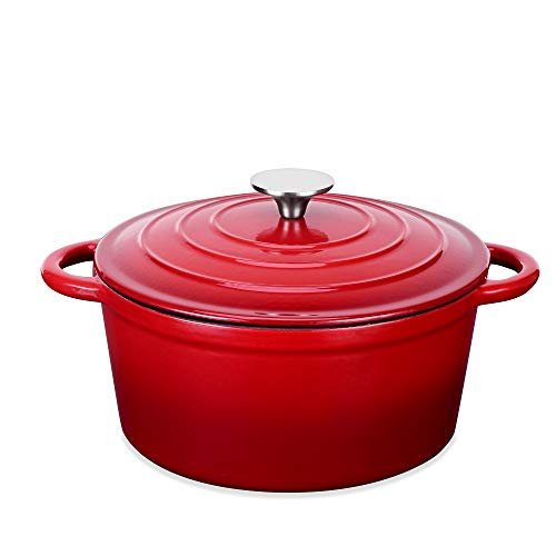 Velaze Olla de Hierro Fundido, Cacerola Holandesa de Esmaltado Antiadherente Anticorrosiva Redonda de Color Rojo con Tapa Rociadores para Cocina Estofado, Paella, Ollas de Gran Capacidad 4L