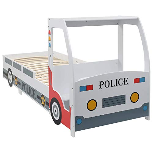 vidaXL Cama Infantil Niños Diseño Coche Policía Somier Láminas Madera Mesa Escritorio Banco Camita Individual Niño Forma Camión Policial 90x200 cm