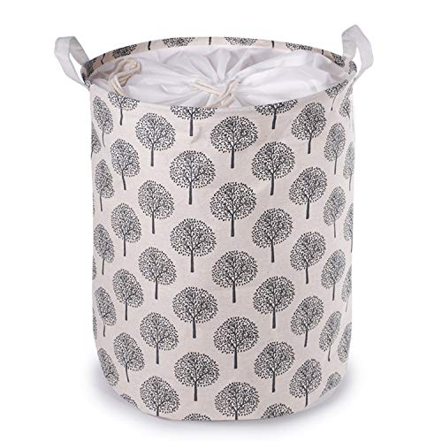 WANDF Cesta plegable para la colada, cesta de almacenamiento plegable, cesta de 40 l, con cordón, revestimiento impermeable, mango duradero, tela de algodón plegable (árbol gris)