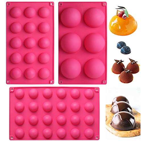 Webake 3 Pcs Molde Silicona Semi Esfera con 2 cucharas medidoras para decoración de pasteles, gelatina, pudín, chocolate, 6 cavidades, 15 cavidades, 24 cavidades Semiesferico, Ø 7 cm, Ø 3,8 cm, Ø 3 cm