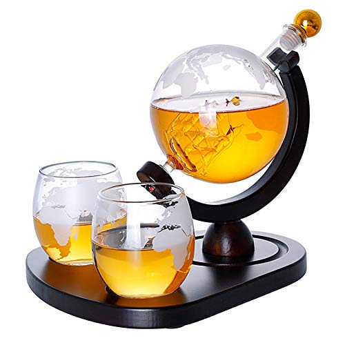 Whisky Globo Vino Licorera Juego Con 2 Vasos De Globo Grabados Y Base De Madera Maciza, Bebida Dispensador De Licor Para Whisky, Escocés, Bourb (930Ml)