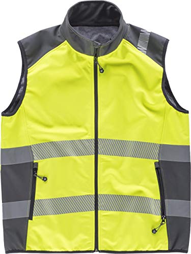 WorkTeam Chaleco Softshell de Trabajo Alta Visibilidad, Cintas Reflectantes Discontinuas, Cortavientos, Impermeable e Interior de Alta Capacidad Térmica. Unisex Amarillo A.V.+Gris Oscuro L