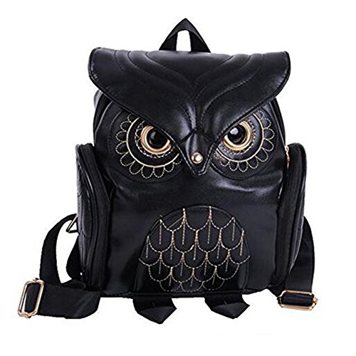 WYSBAOSHU Bolsa de Cuero de la Manera del Buho de la Historieta Mochila Mini Muchacha (Negro)