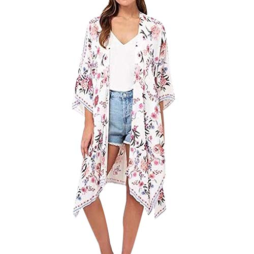 wyxhkj Top Cardigan Blusa Verano, Camiseta Manga Media Blusa De Playa Estampado Floral Irregularidad Kimono Cardigan Blusa Casual Traje De Baño Abrigo Chaqueta para Mujer (L)