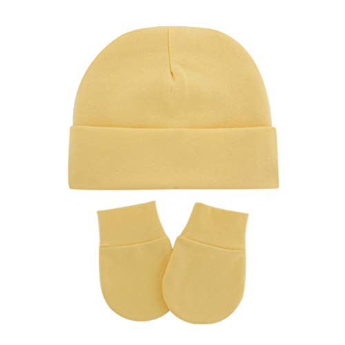 XUNXI Guantes para bebés, bebés bebés Guantes de algodón antirrayas + Conjunto de Gorro Kit de Gorro cálido para recién Nacidos Amarillo