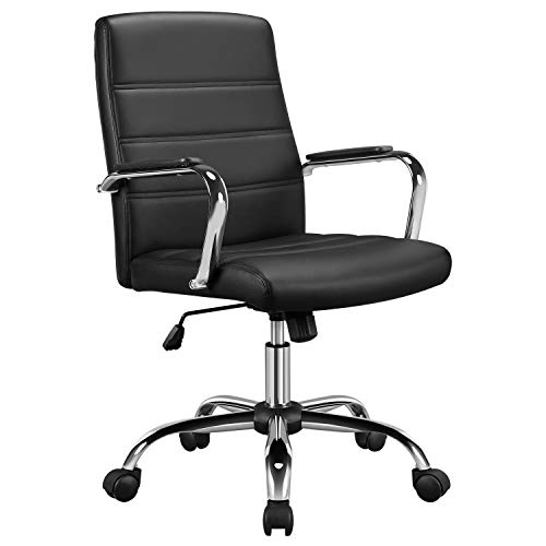 Yaheetech Silla Giratoria de Oficina Sillón de Trabajo con Respaldo Tapizado Asiento Cuero Sintético Altura Ajustable Negro