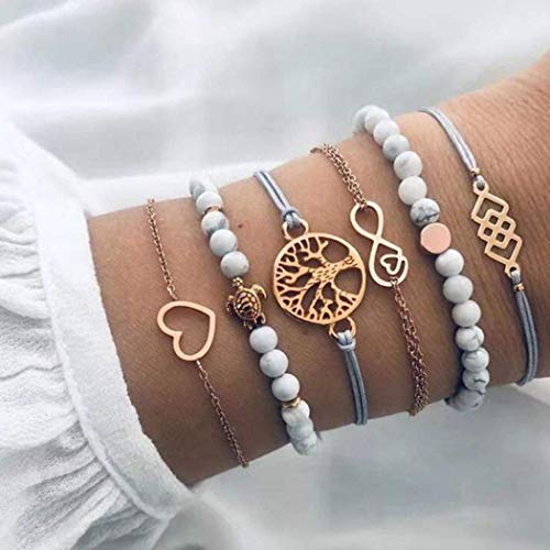 Yean Juego de 6 pulseras bohemias con cuentas de piedra de mármol, cadena de mano de árbol de oro ajustable, hecho a mano, accesorios para mujeres y niñas