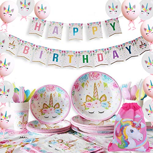 Yidaxing 131 Piezas Decoraciones Cumpleaños Unicornio, Unicorn Party Kit Mantel Cubierta Feliz Cumpleaños Banner Bolsa Globos Unicornio para Niños Cumpleaños Niñas (16 Invitados)