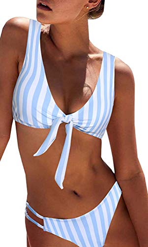 Yuson Girl Conjunto de bikini de cintura alta para mujer con diseño de rayas y parte superior acolchada, sujetador de 2 piezas, anudado, traje de baño recortado, traje de baño para mujer