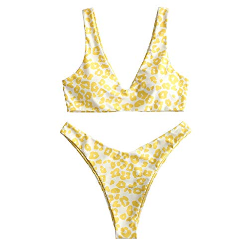 ZAFUL Bikini acolchado para mujer con cuello en V texturizado de corte alto, bikini de verano amarillo L