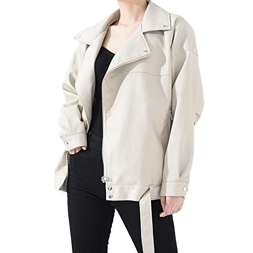 ZCVB Mujeres de alta calidad 2021 Primavera Black PU Cinturón de cuero de manga larga de manga larga con cremallera de cuello flojo Moda Nueva Chaqueta salvaje de las mujeres,Blanco,L