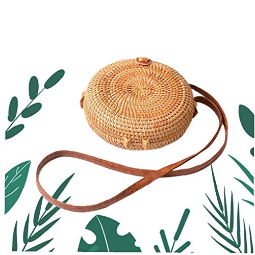 1pc Tejida a Mano Ronda Rattan Bolsa De Hombro Las Correas De Cuero De Crossbody Del Estilo Boho Chic Natural Bolsa De Época Trenzado De Ratán Bolsa (redondo) Práctica Herramienta Utilidades