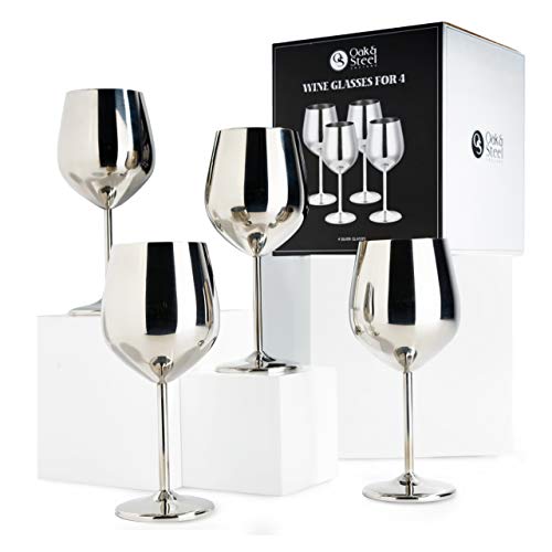 4 Copas de Vino Elegantes de Acero Plateado, 540 ml | Durable Irrompible y sin BPA | Copa de Vino Tinto de Metal para Acampar Al aire libre Cumpleaños Navidad Bohemia Fiestas | en Caja de Regalo.