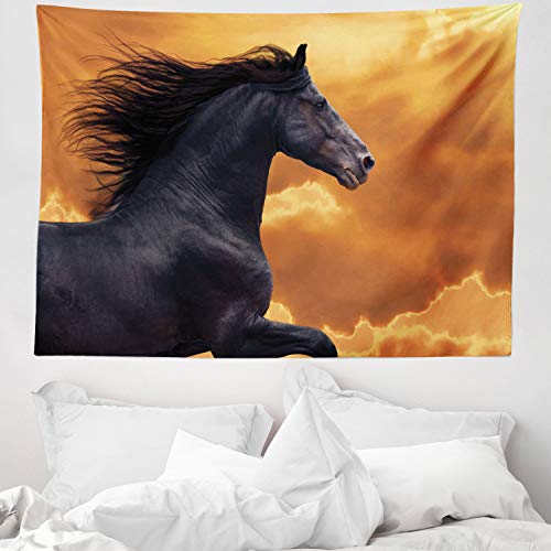 ABAKUHAUS Naturaleza Tapiz de Pared y Cubrecama Suave, Galopando Caballo frisón, Lavable Colores No Destiñen, 150 x 110 cm, Negro Naranja