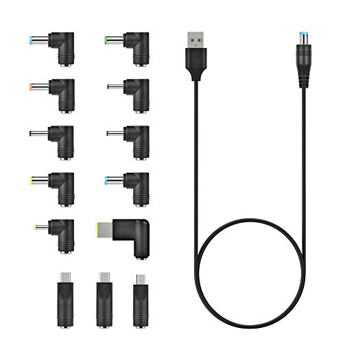 aceyoon Cable USB a DC, Conector USB con Enchufe de DC Adaptador Cable con Conector 90 Grados 13pcs, para Computadora Portátil,Teclado y Otros Electrodomésticos (1M)