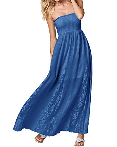 ACHIOOWA Mujer Vestido Cuello Palabra Encaje Punto Falda Sin Manga Playa Boda Suelto Elegante Dress Azul M