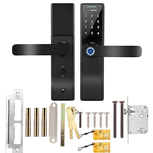 Acogedor Cerradura de Puerta Inteligente, Cerradura de Puerta de Huellas Dactilares, desbloqueo de Huella Digital, Tarjeta IC, contraseña, Llave mecánica, alimentación de Emergencia USB(Negro)