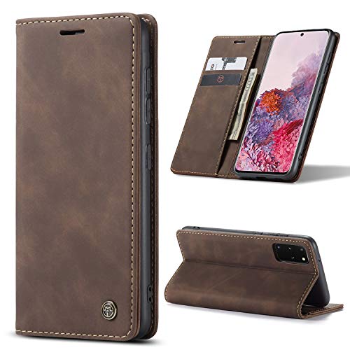 AKC Funda Compatible para Samsung Galaxy S20 Plus Carcasa con Flip Case Cover Cuero Magnético Plegable Carter Soporte Prueba de Golpes Caso-Café