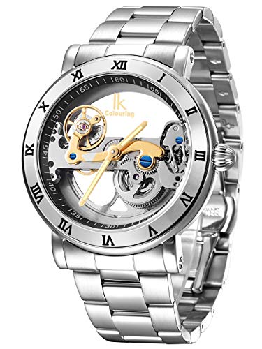 Alienwork IK Reloj Automático Hombre Mujer Plata Pulsera de Metal Acero Esqueleto